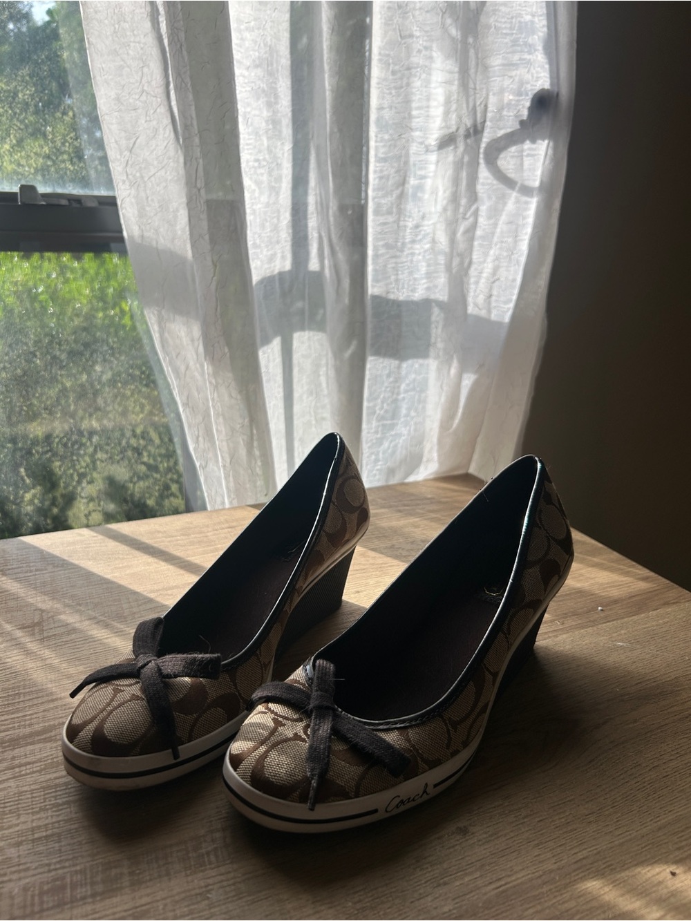 Coach Brown Signature Canvas Wedge Pumps with Bow Accent - Picture 2 of 8